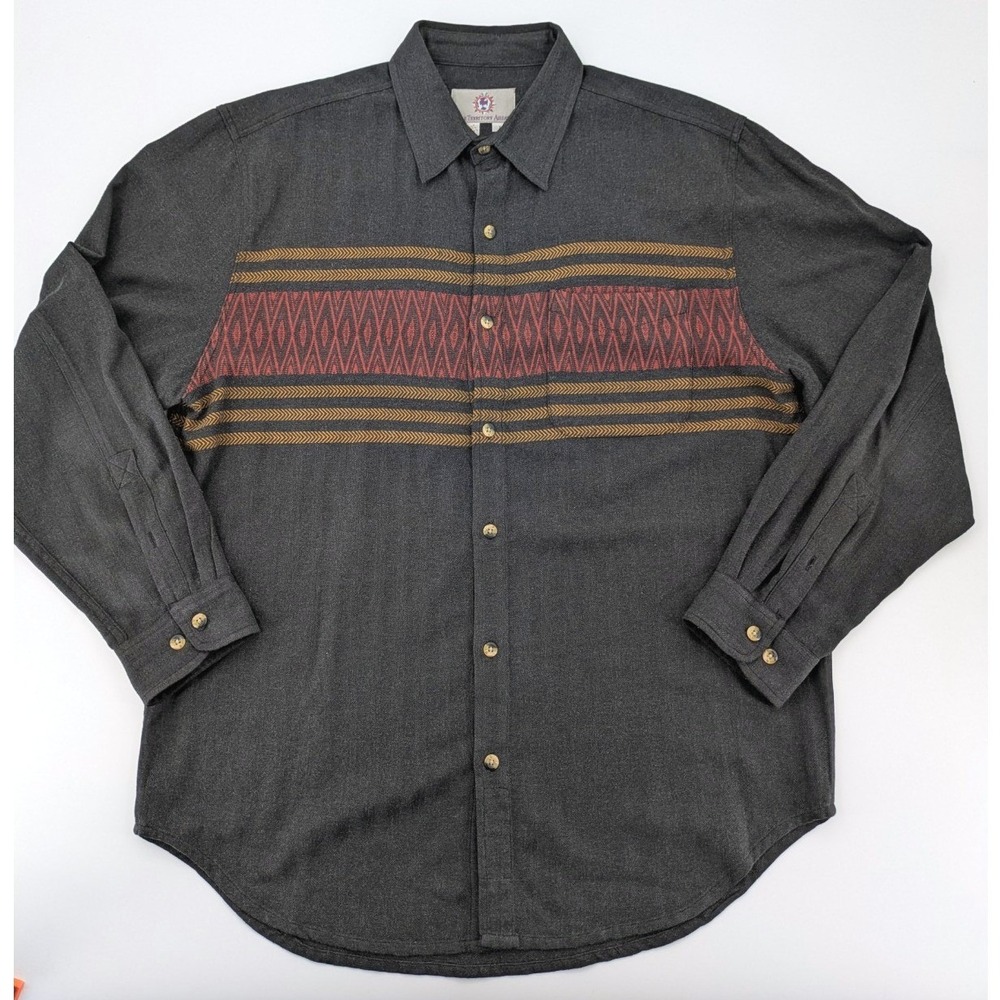Vintage 90s Territory Ahead Flannel Shirt Mens L Gray Herringbone‎ Aztec Western